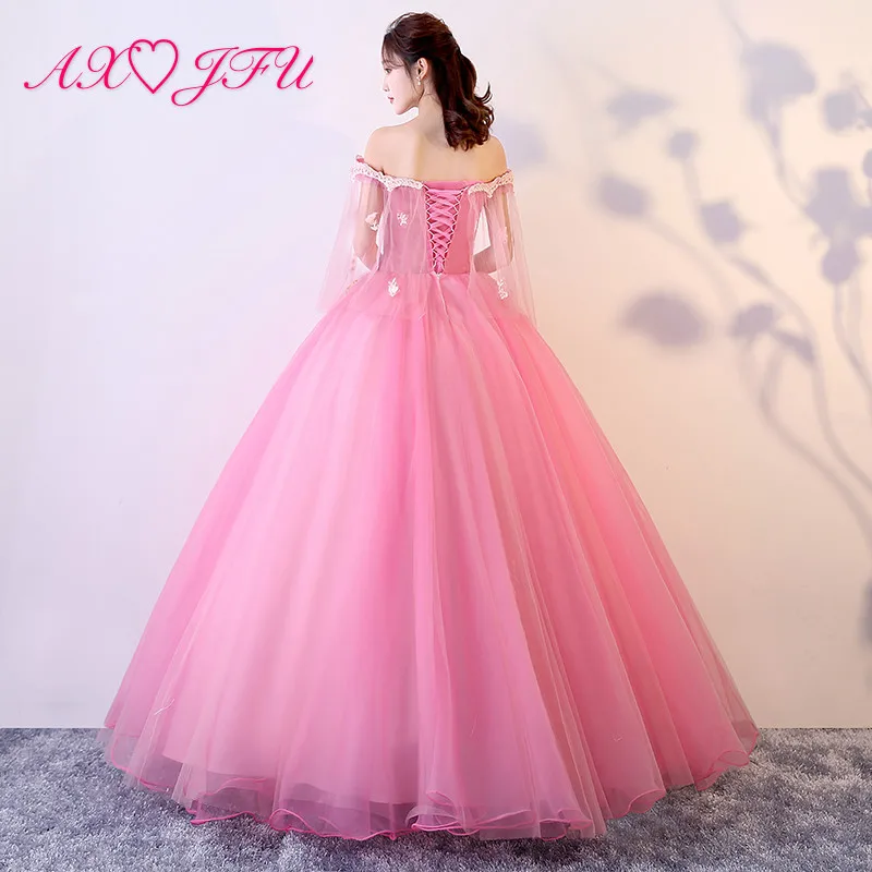 

AXJFU luxury princess pink lace bride evening dress vintage boat neck beading crystal flower ruffles lace pink evening dress