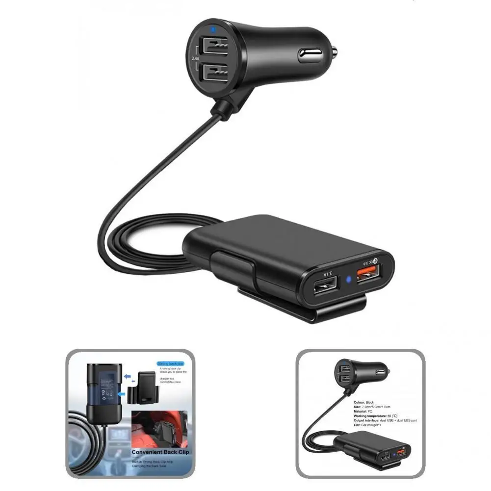 

Black Convenient 4 USB Port Car Charger Practical Car Phone Charger Safe for Vehicle