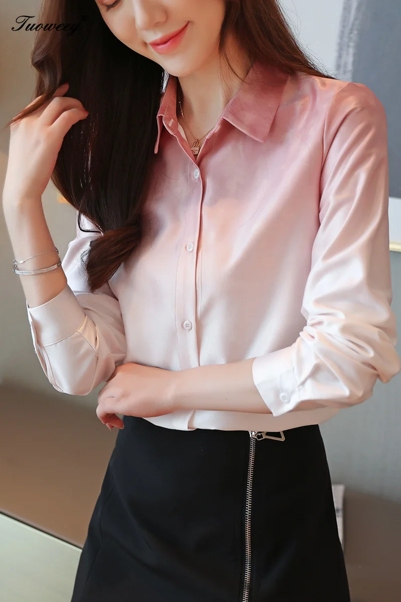 

2019 fashion chiffon office lady shirt women blouse long sleeve OL women tops solid women's clothing shirts pink blouse
