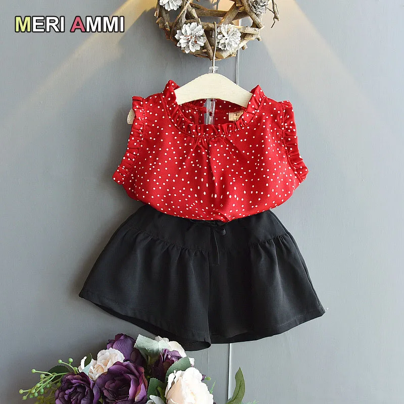 

MERI AMMI 2 pcs Set Girl Clothing Set Dots Tees + Shorts For 2-7 Year Children Baby Kids