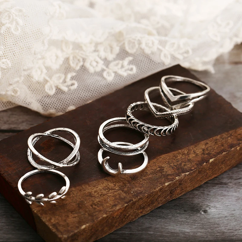 

2021 Fashion Simple Design Vintage Silver Color Joint Rings Sets Women Jewelry Korean Version Joint Rings Geometric Vintage Ring