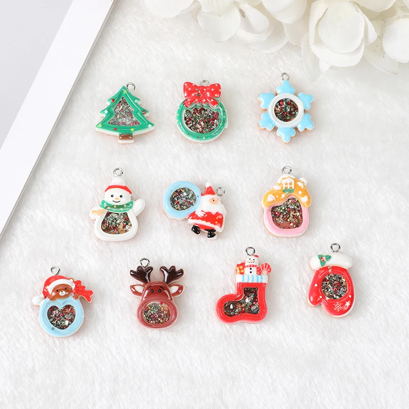 

15pcs/ lot Cute Christmas quicksand Fill Flat back Cartoons Resin Charms Accessory for Necklace Earring Pendant DIY Making
