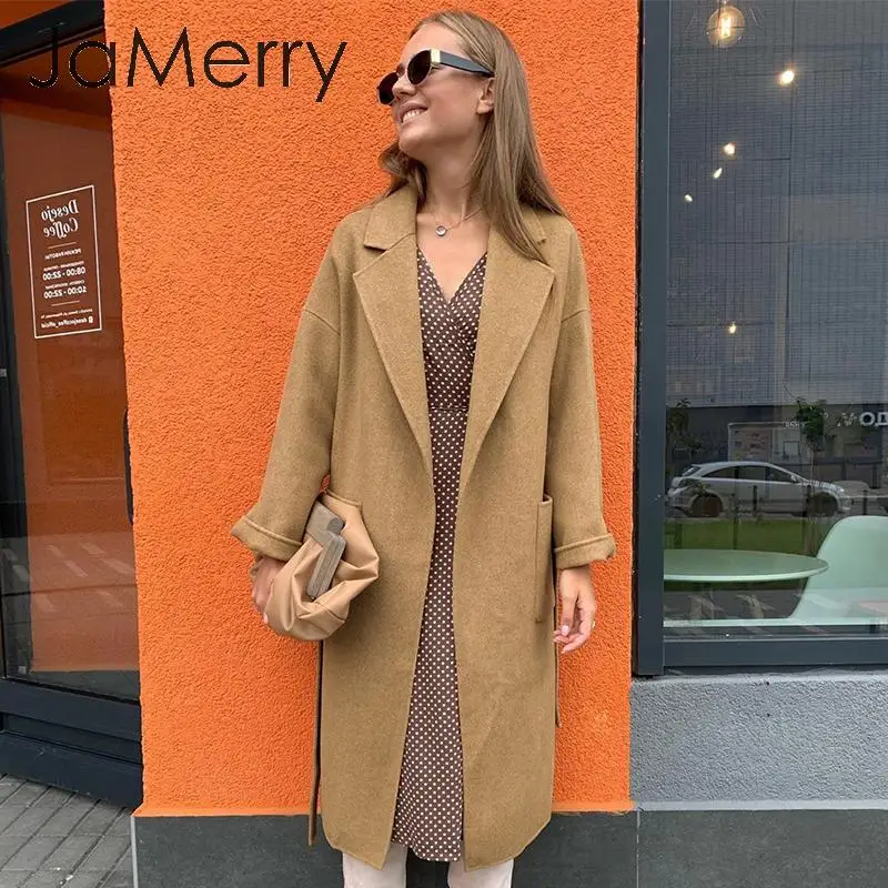 JaMerry элегантная одежда для офиса работы длинный смесь пояса пальто карманы
