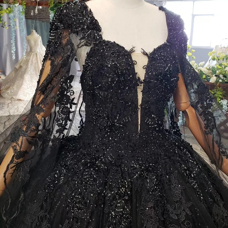 HTL440G women evening dress long black square neck handwork bead appliques lace long evening gowns with cape abiye gece elbisesi