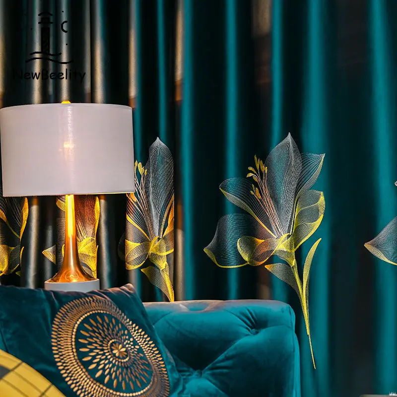 

2022 Silk Satin Lily Embroidery Nordic Minimalist Full Blackout Living Room Bedroom Curtain Blackout Curtains Luxury Home Decor