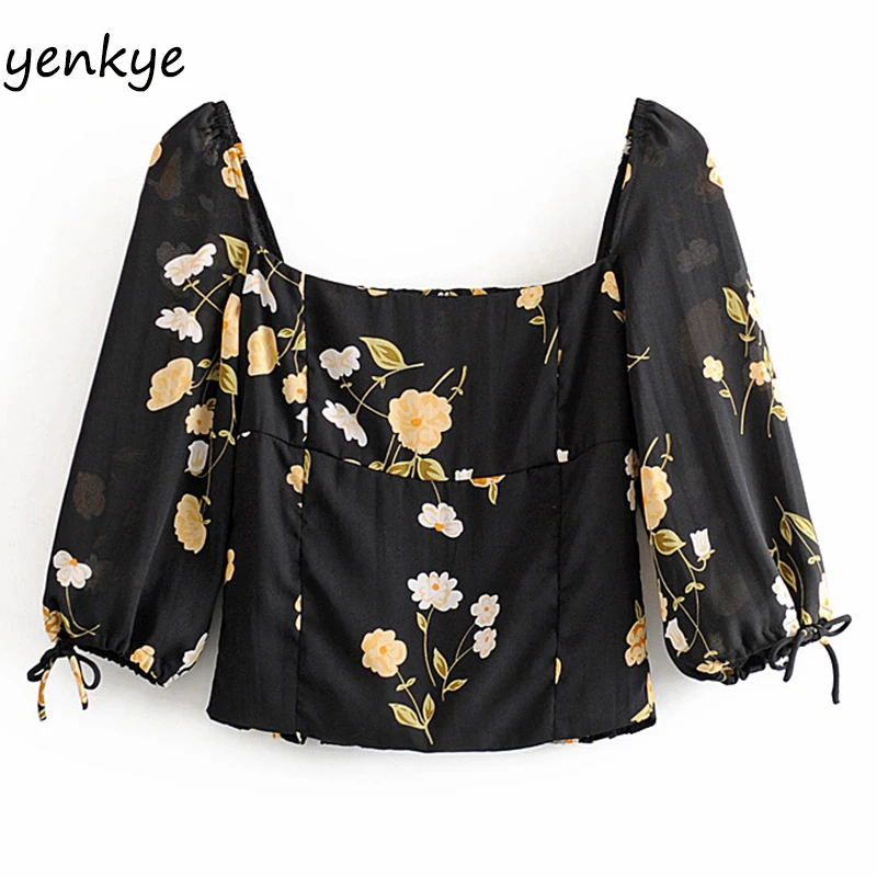 

Женский винтажный укороченный топ с цветочным принтом, квадратный вырез, манжеты и полурукава, летние топы OMZZ6926