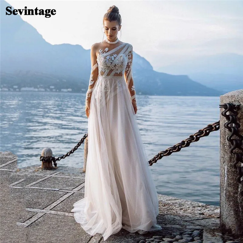

Long Sleeves Dots Tulle Wedding Dresses 2021 Boho Lorie Appliques Lace Bridal Gowns Princess Beach Bride Dress Women Plus Size