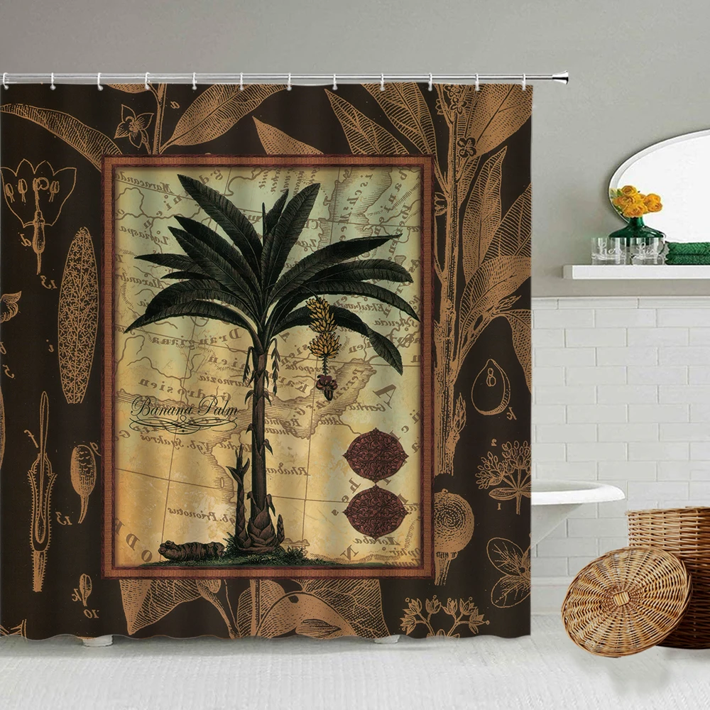

European And American Retro Green Plant Shower Curtain Map Photo Frame Design Bathroom Decoration With Hook Waterproof Screen