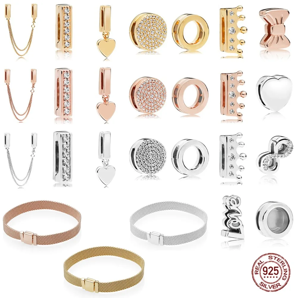 Браслет из 100% серебра с отражающими клипсами Шарм браслет блестящего золота и