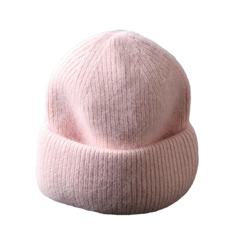 

2021 Fashion Fabbit Fur Soft Warm Fluffy Winter Hat for women Angora Knitted Hat skullies beanies Female bonnet woman knit Cap