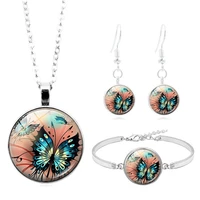 butterfly cabochon glass pendant necklace bracelet bangle earrings jewelry set totally 4pcs for women fashion sweater chain