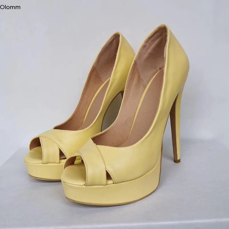 

Olomm New Women Platform Pumps Sexy Stiletto High Heels Pumps Charm Peep Toe Gorgeous Yellow Dress Shoes Women Plus US Size 5-15