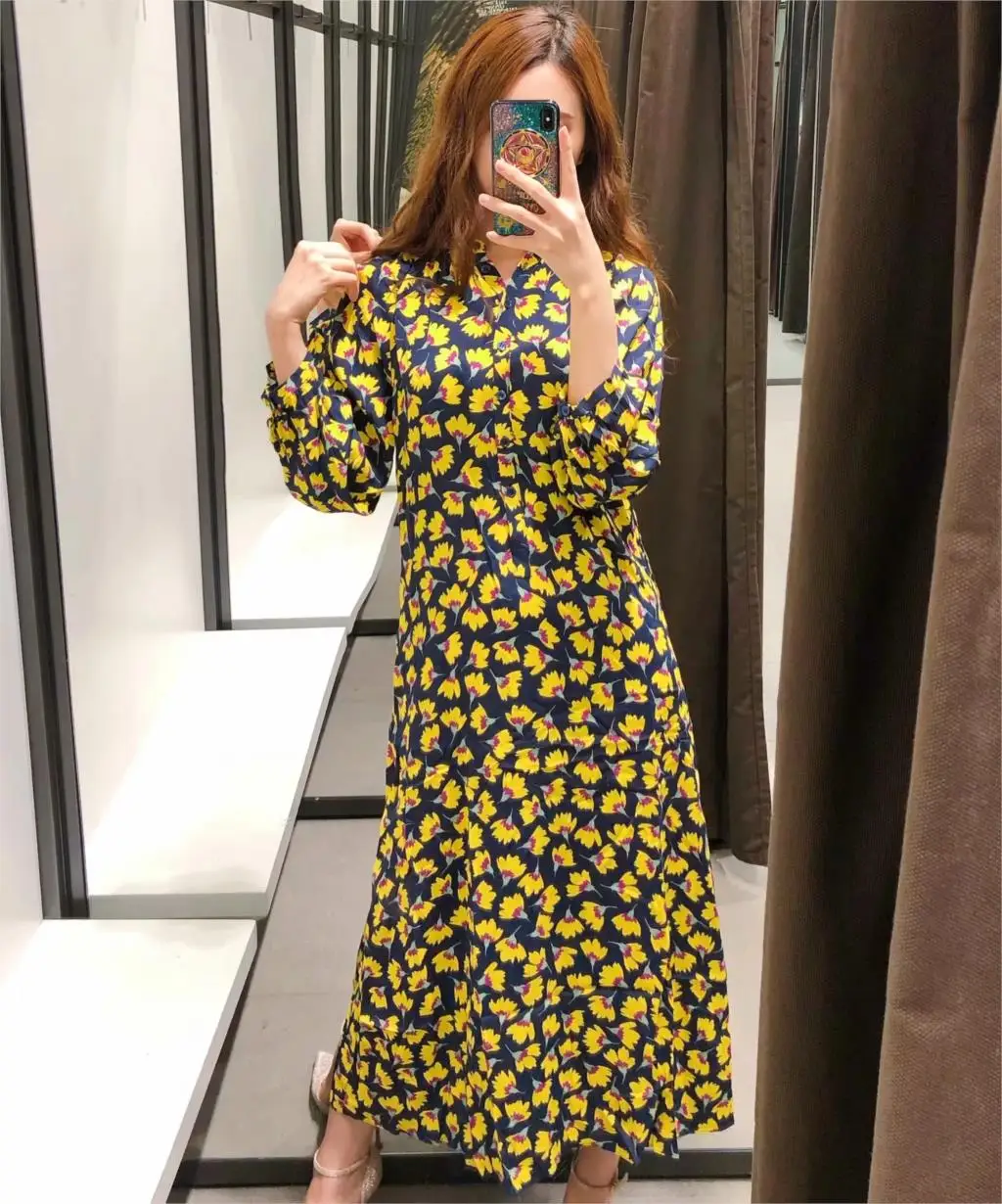 Винтаж boho желтый цветочный принт длинное платье для женщин с длинным рукавом