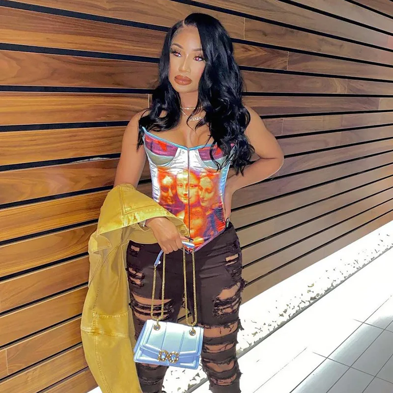 

2021 Spring Sexy Print Women Crop Top Cross Bandage Backless Strapless Party NIght Clubwear Clothes For Women