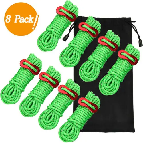 

8pcs Set 4m*4mm Fluorescent Green Tent Guide Rope Tent Camping Picnic Reflecting Guy Ropes Outdoor Tools Accessories