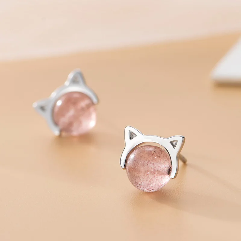 

925 Sterling Silver Pink Crystal Cat Stud Earrings For Women Grils Wedding Female Accesorios pendientes mujer moda eh1261