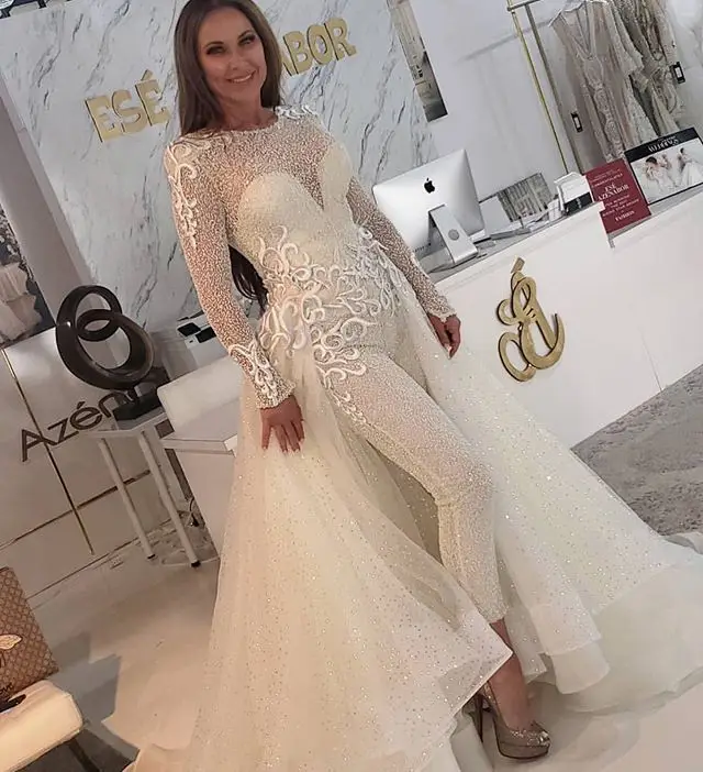 

White Jumpsuits Wedding Dresses Long Sleeve Lace Beads Vestido De Noiva Sexy Bohemia A Line Bridal Gowns With Detachable Train
