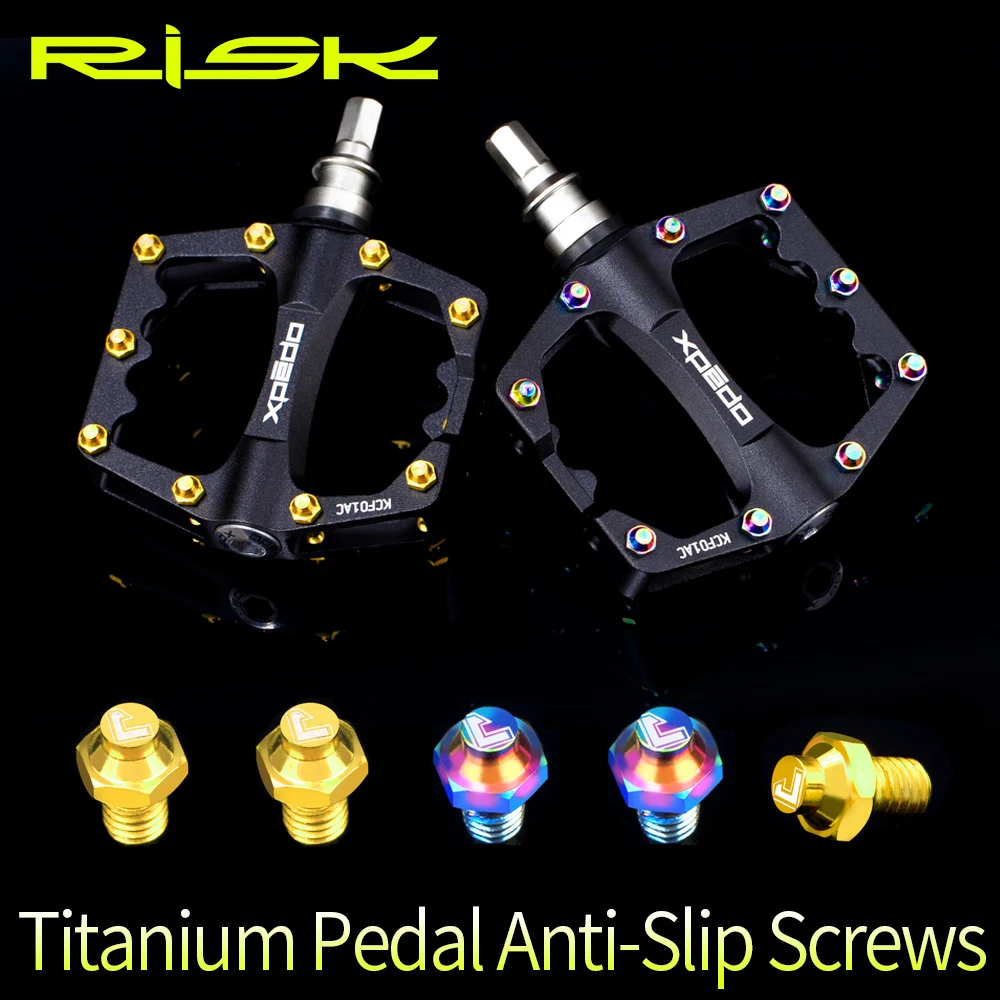

RISK 8pcs/lot Titanium Alloy Anti-skid Bolts for Downhill Bicycle Pedals TC4 Ti Pedal Anti-slip Screws for XC AM DH Bike M4*8mm