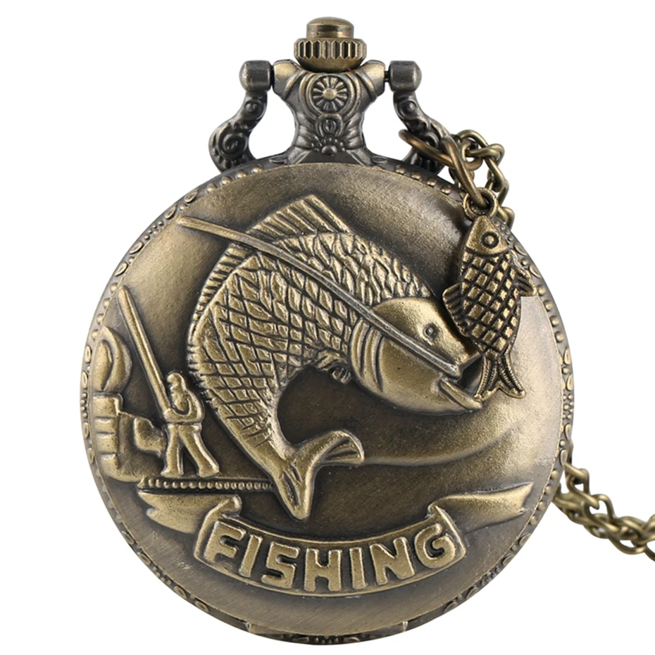 

Vivid Fishing Carving Design Quartz Pocket Watch Vintage Bronze Interesting Design Angling Clock for Men Women + Fish Accessory