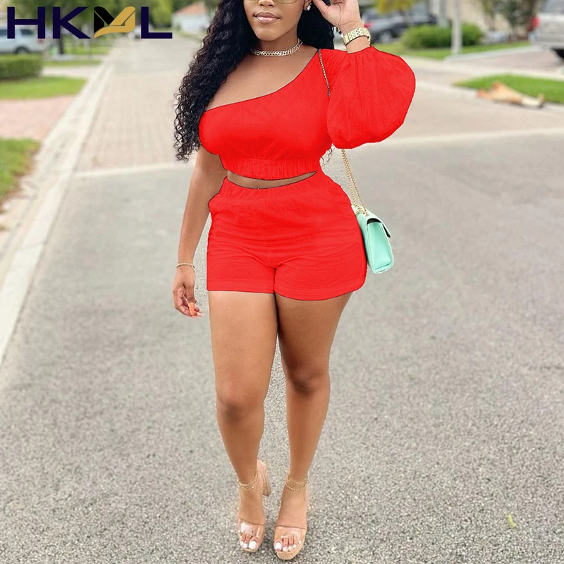 

2021 INS Asymmetrical One Off Shoulder Full Sleeve Solid Simple Sexy Club Young Elegant Free Skinny Women 2 Piece Set