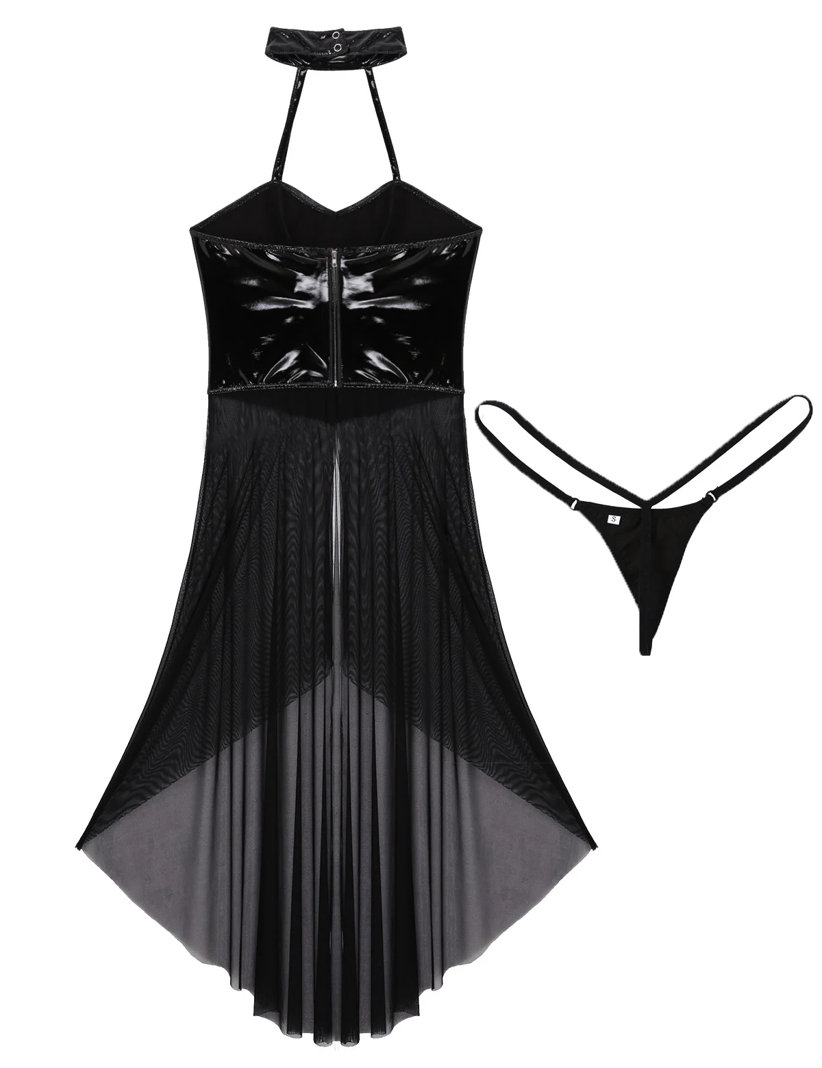 

Sexy Women Wet Look Patent Leather and Sheer Mesh Spliced Nightclub Dress Asymmetric Long Dress + G-string Briefs for Club Wear