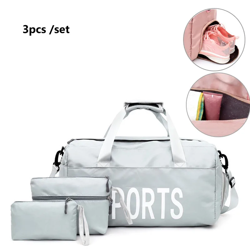 3pcs set grey Спортивные сумки для фитнеса для женщин и мужчин, тренировочная сумка с буквенным принтом, дорожная сумка-мешок, сумка для багажа на выходные, сумка для спортивной гимнастики XA772WA - Цвет: 3pcs set grey