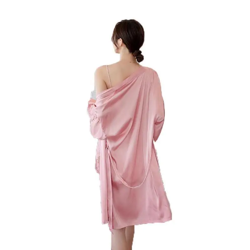 

Female Kimono Robe Gown Suit Sexy Mini Side Split Nightgown Sweet Lace Trim Bathrobe Summer V-Neck Backless Sleepwear With Belt