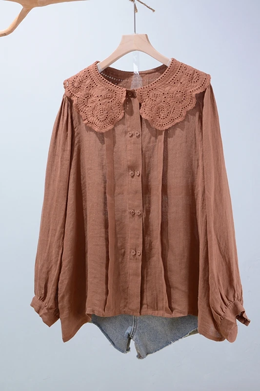 

New autumn shirt cotton linen embroidery top with loose shirt tops