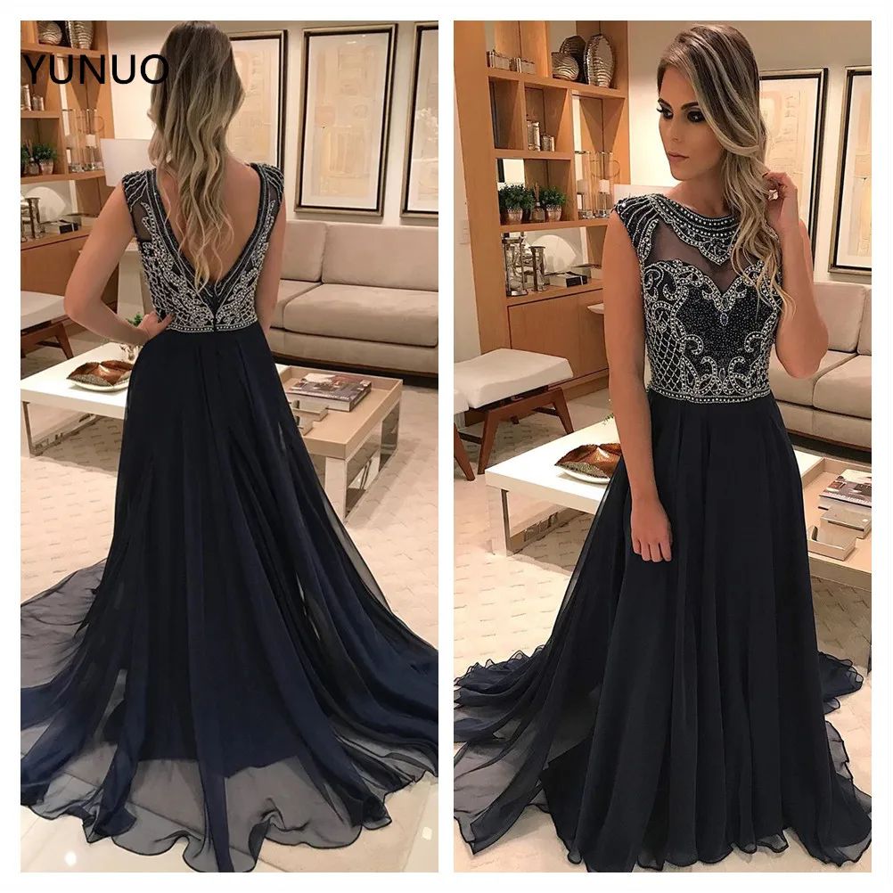 

YUNUO Navy Blue Chiffon Prom Formal Dresses vestidos de fiesta largos elegantes de gala Crystals A Line Dress Party Evening