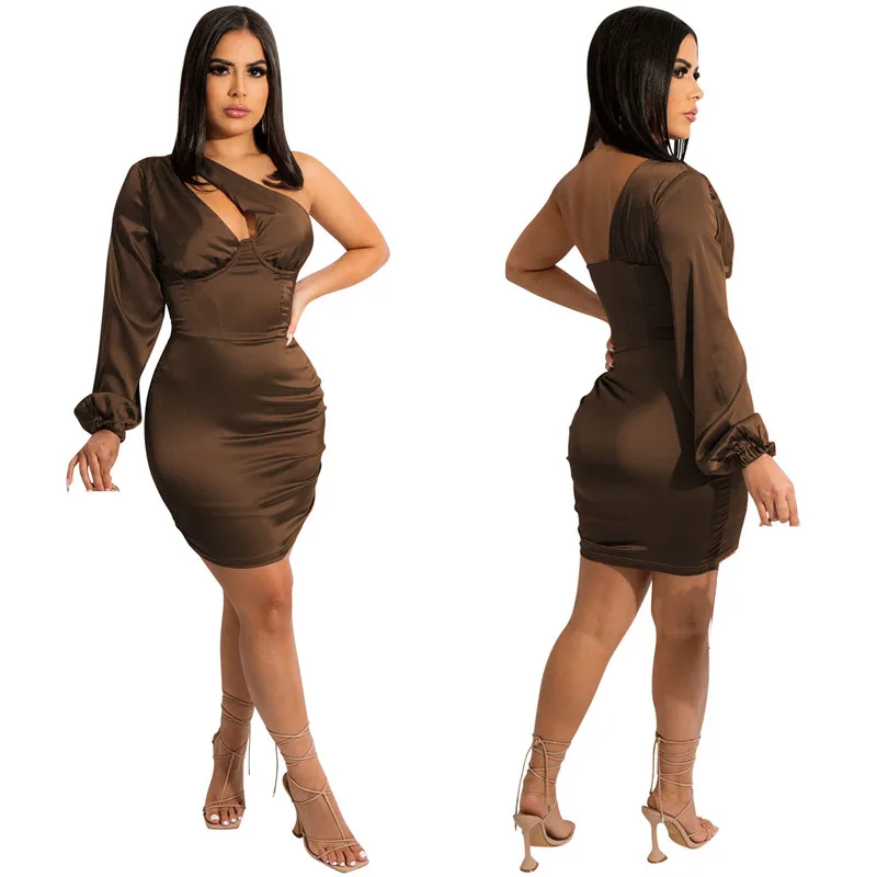 

WUHE One Shoulder One Sleeve Skew Neck Women Bodycon Dress Autumn Winter Sexy Club Skinny Pencil Party Night Dresses