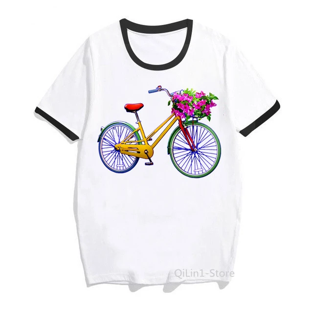 

Watercolor Vintage Bicycle Print T-Shirt Women White Tshirt Femme Summer Short Sleeve T Shirt Female Harajuku Shirt Tops