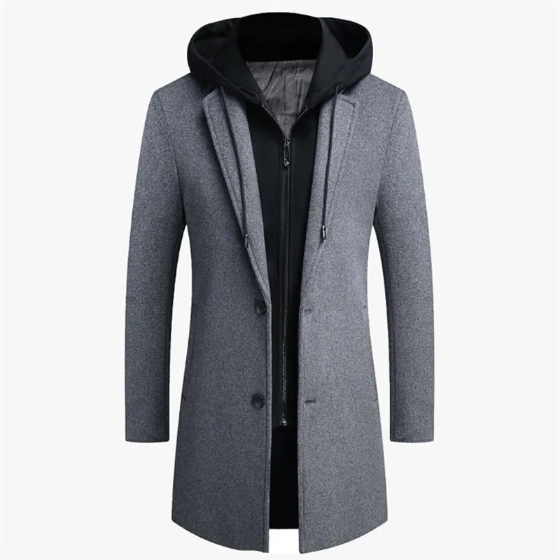 Осенне-зимняя мужская длинная ветрозащитная шерстяная куртка, повседневная утепленная облегающая куртка, Мужская шерстяная куртка с капюш...