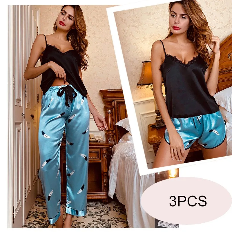 

Satin Soft Lounge Wear Women Sexy 3PCS Strap Top&Shorts&Pants Casual Intimate Lingerie Sleepwear Summer New Home Clothes