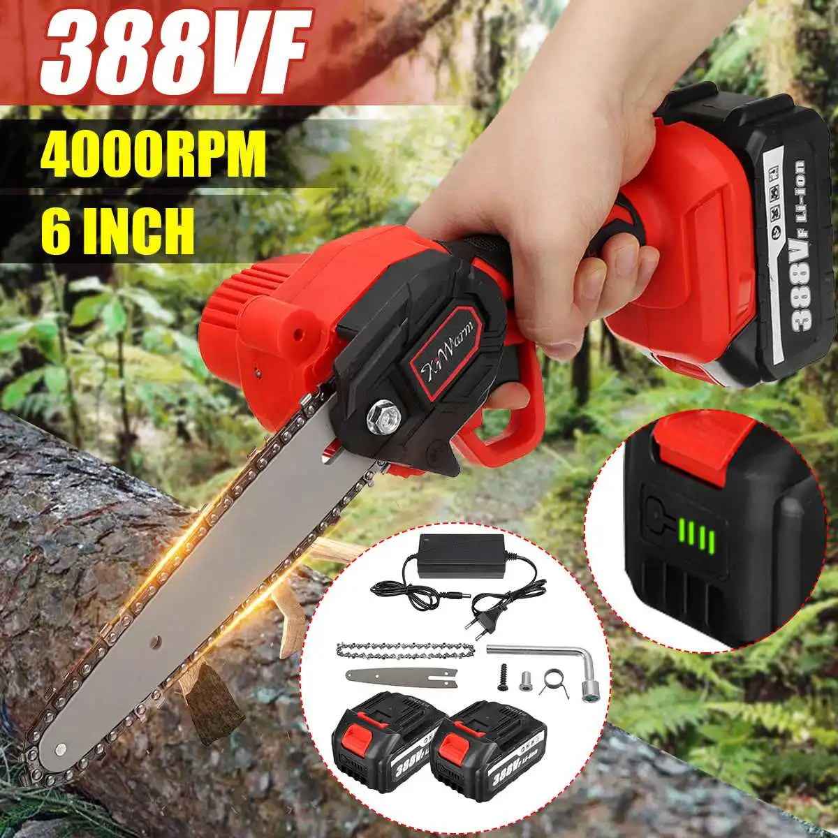 

6 Inch 388V 3000W Mini Electric Chain Saw With 2 Battery Rechargeable Woodworking Pruning One-handed Garden Logging Power Tools