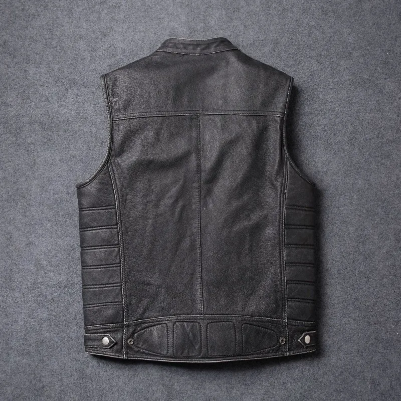 Мужской жилет из натуральной коровьей кожи с воротником стойкой и