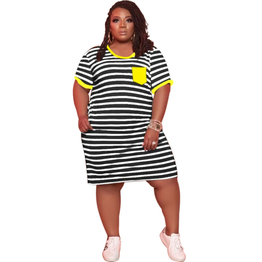 

Plus Size XL-5XL Striped Midi Dress Streetwear Short Sleeve Plunging O-neck Casual Summer Dresses