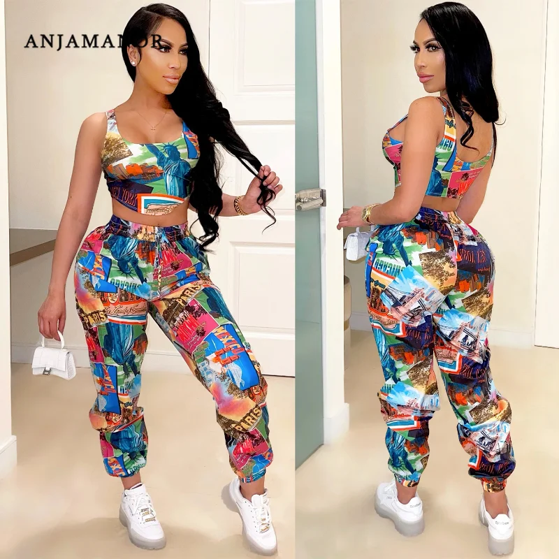 

ANJAMANOR сексуальное платье, бодикон, с рисунком, комплект из двух предметов уличная мода Одежда Набор для бегунов для женщин брюки костюм для н...