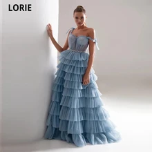 Lorie 2021 azul claro babados longo tule vestidos de noite faixas espaguete a linha sem mangas em camadas vestidos de baile noche (3)