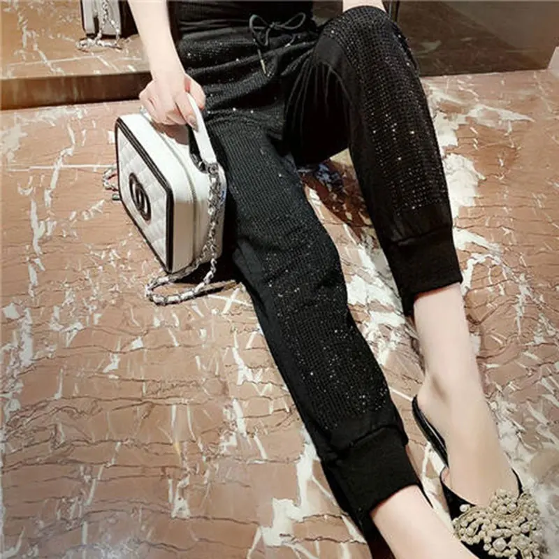 Early Autumn New Heavy Industry Hot Drilling Beam Foot Casual Pant Wei Pants Women Fashion Casual Wild Loose Pants Tide 225