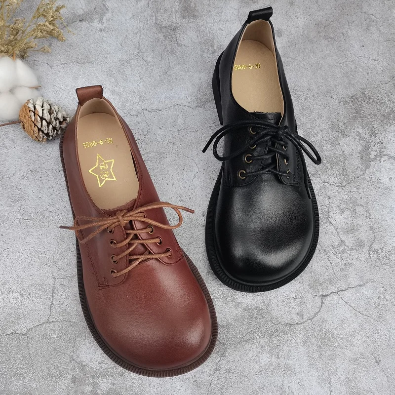 Women's Shoes Oxford Genuine Leather Women's Flat Shoes Round toe Lace up Women's Platform Shoes Female Spring Autumn Footwear