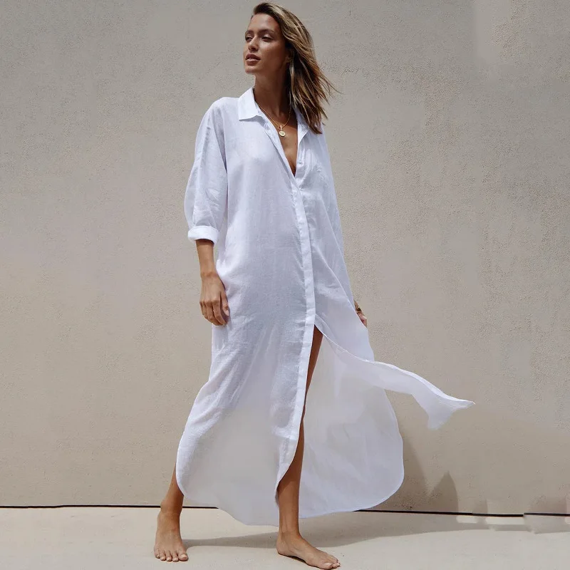 

Cotton Loose Shirt Long Cardigan Bikini Swimsuit Cover Up Summer Sun Protection Vacation Beach Robe White Dress Women