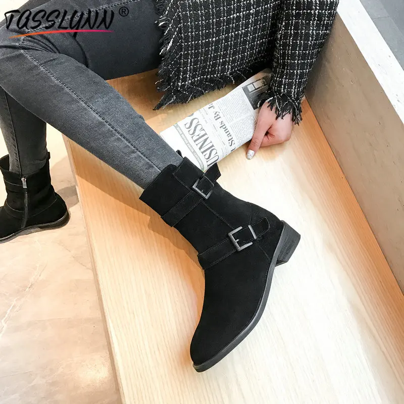 TASSLYNN 2019 Autumn Mid-calf Boots Women Shoes Western Style Square Heel Winter Riding Black Size 34-39 | Обувь