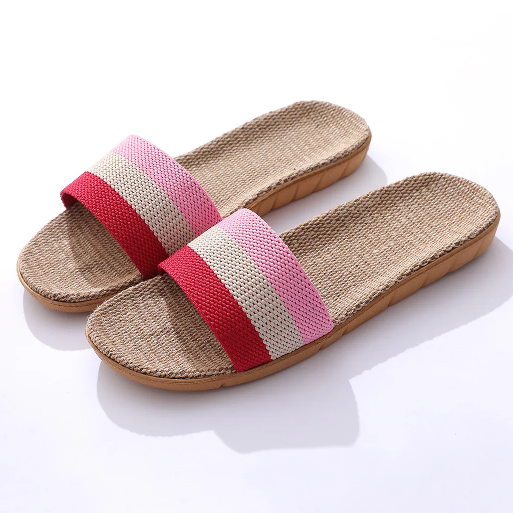 

Summer Flax Slippers Women Casual Linen Slides 3 Color Stripe Slippers Non-Slip EVA Home Flip Flops Indoor Shoes Female Sandals