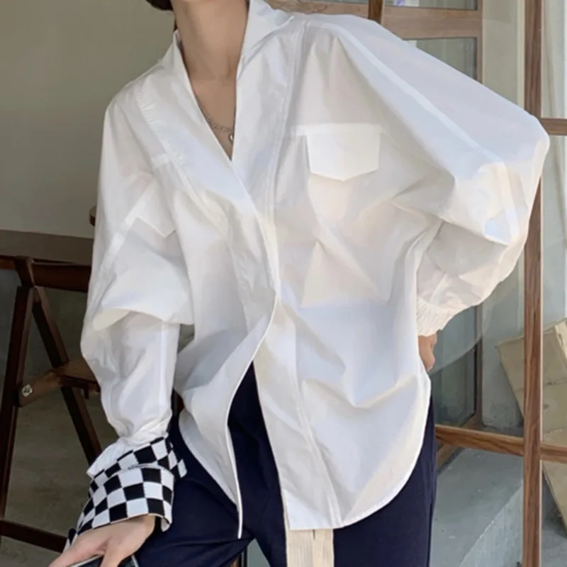 

Женская рубашка с длинным рукавом, белая рубашка с V-образным вырезом, весна-осень, 2021