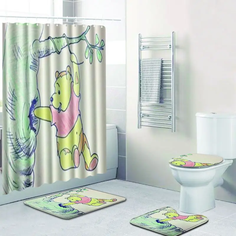 

4 pcs Printed Bath Mat and Shower Curtain Set Shower Room Bathroom Toilet Rug Toilet Seat Cover Pedestal Rug Bathroom Carpet Mat