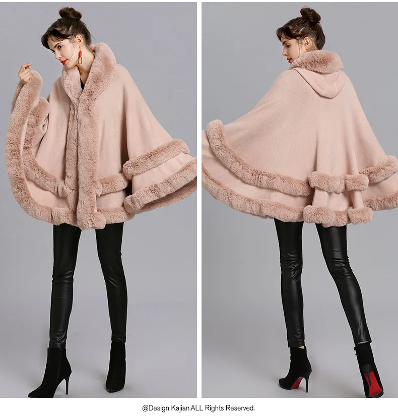 

2021new large size faux fox fur hooded knit cardigan shawl cloak coat cubrebocas imitation fox hair collar shawl cape wholesale
