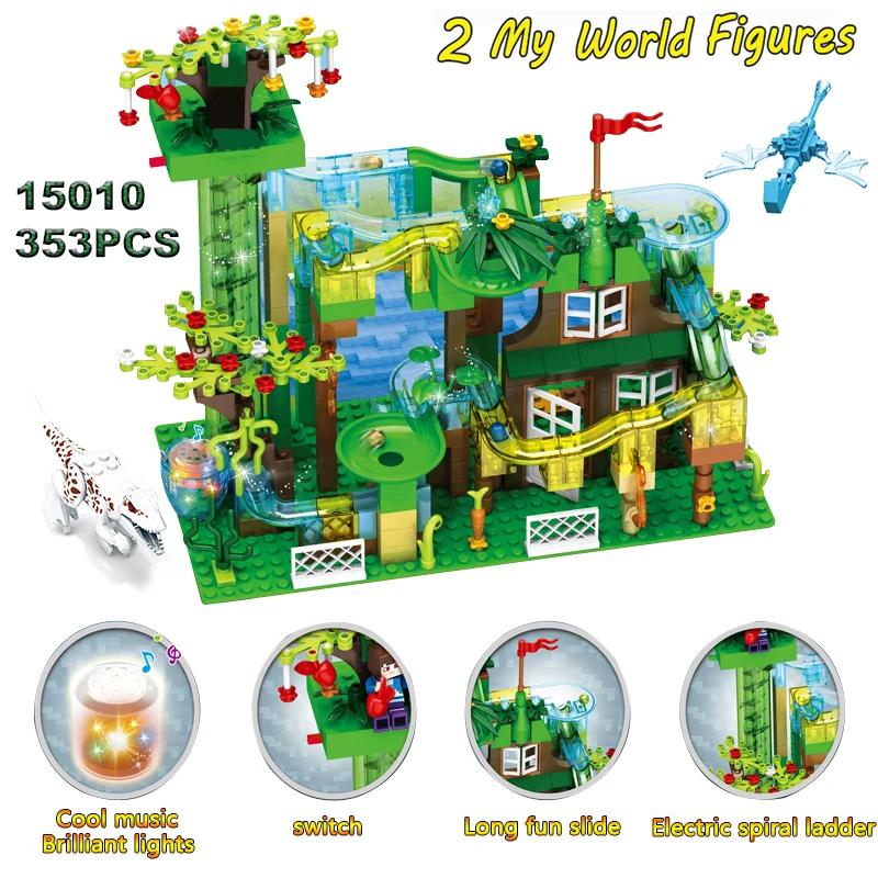 

MOC Jurassic Dinosaur Park Forest Castle Blocks Toys Electric Track Building Model Bricks for Girls Boys Marble Race Run Blocks