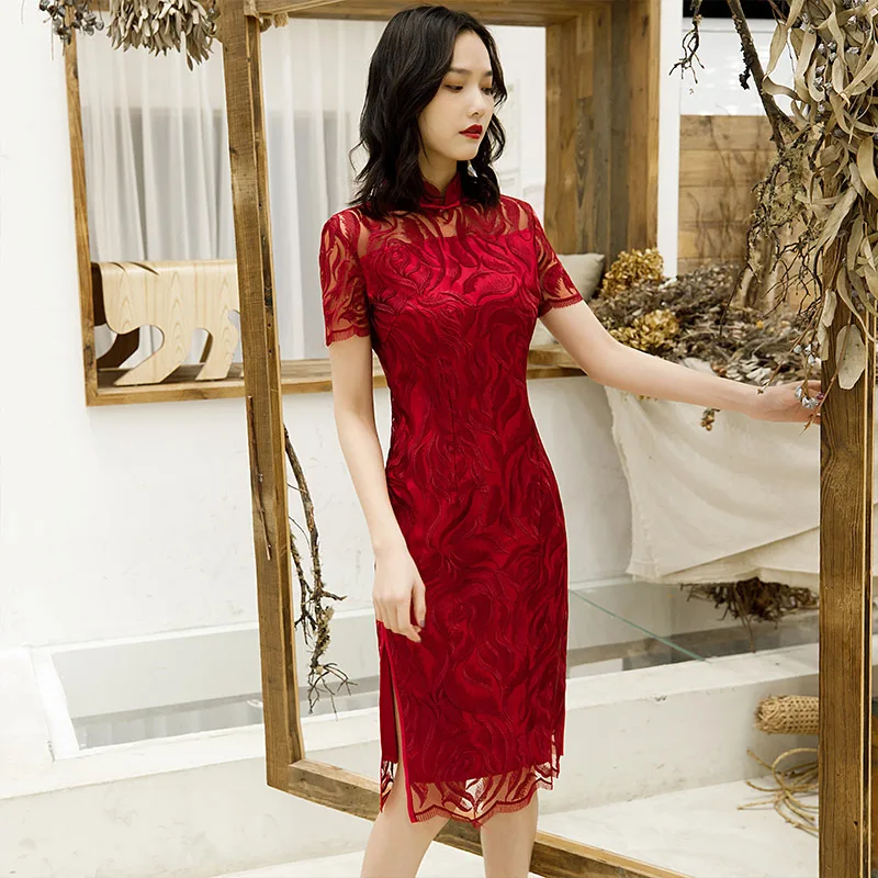 

Spring and summer embroidered lace cheongsam dress Cheongsam Oriental Bride Wedding Dresses 2021 New Evening Party Gown