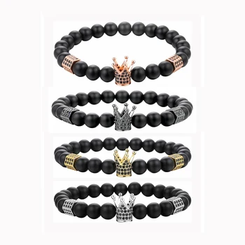 ASHMITA Men Black Matte Onyx Beads Crown Yoga Bracelets Women Essential Oil Diffuser Stone Beaded Elastic Bangle for Women