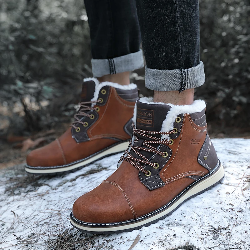 

2021 New Winter Men Snow Boots Fashion Fur Plush Warm Mens Thermal Shoes High Ankle Boots Outdoor Non Slip Hiking Boots Big Size